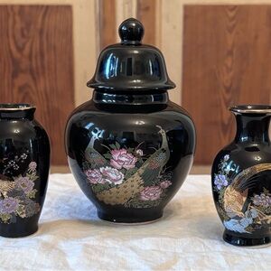 Vintage Black Porcelain Ginger Jar and Vase Set with Floral & Peacock Designs